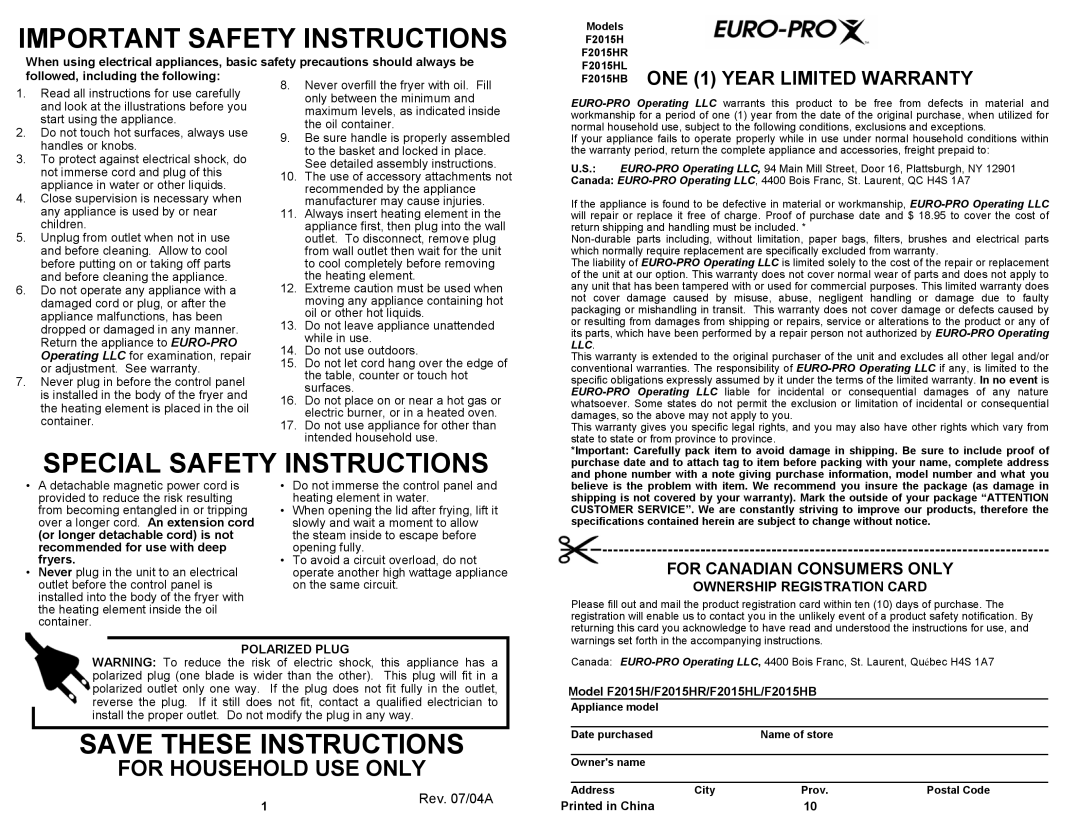 Bravetti F2015H Ownership Registration Card, Rev. 07/04A, Important Safety Instructions, Special Safety Instructions 