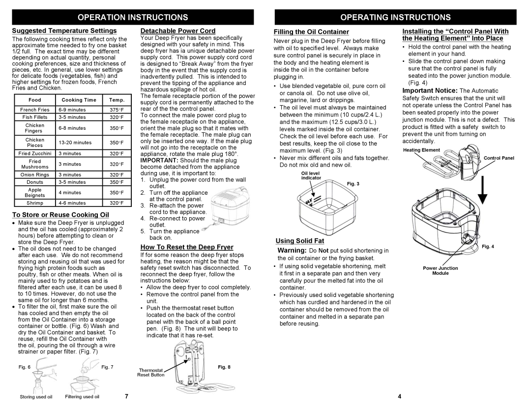 Bravetti F2015H Operation Instructions, Suggested Temperature Settings, To Store or Reuse Cooking Oil, Using Solid Fat 