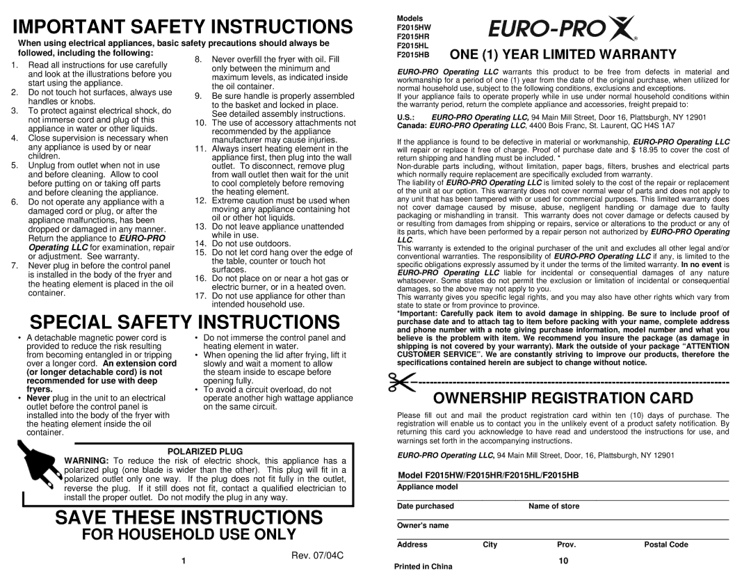 Bravetti F2015HW, F2015HB, F2015HL, F2015HR owner manual Important Safety Instructions, Rev /04C 