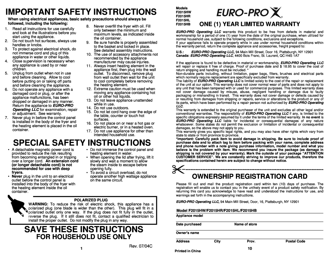 Bravetti F2015HW, F2015HB Rev. 07/04C, Important Safety Instructions, Special Safety Instructions, Save These Instructions 