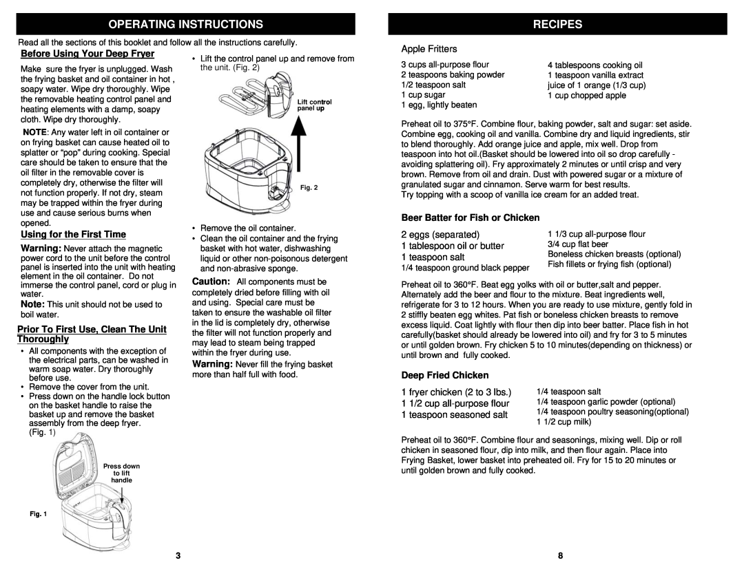 Bravetti F2015HB Operating Instructions, Apple Fritters, Before Using Your Deep Fryer, Using for the First Time, Recipes 