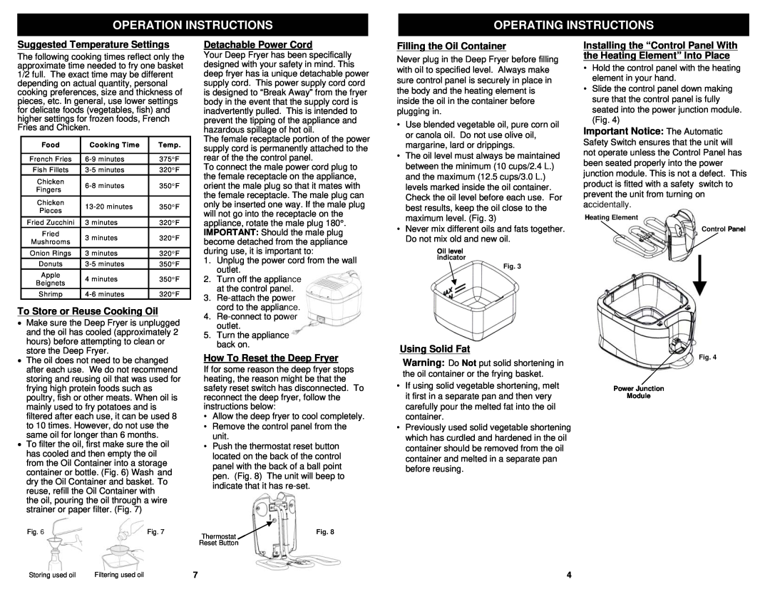 Bravetti F2015HL Operation Instructions, Suggested Temperature Settings, To Store or Reuse Cooking Oil, Using Solid Fat 