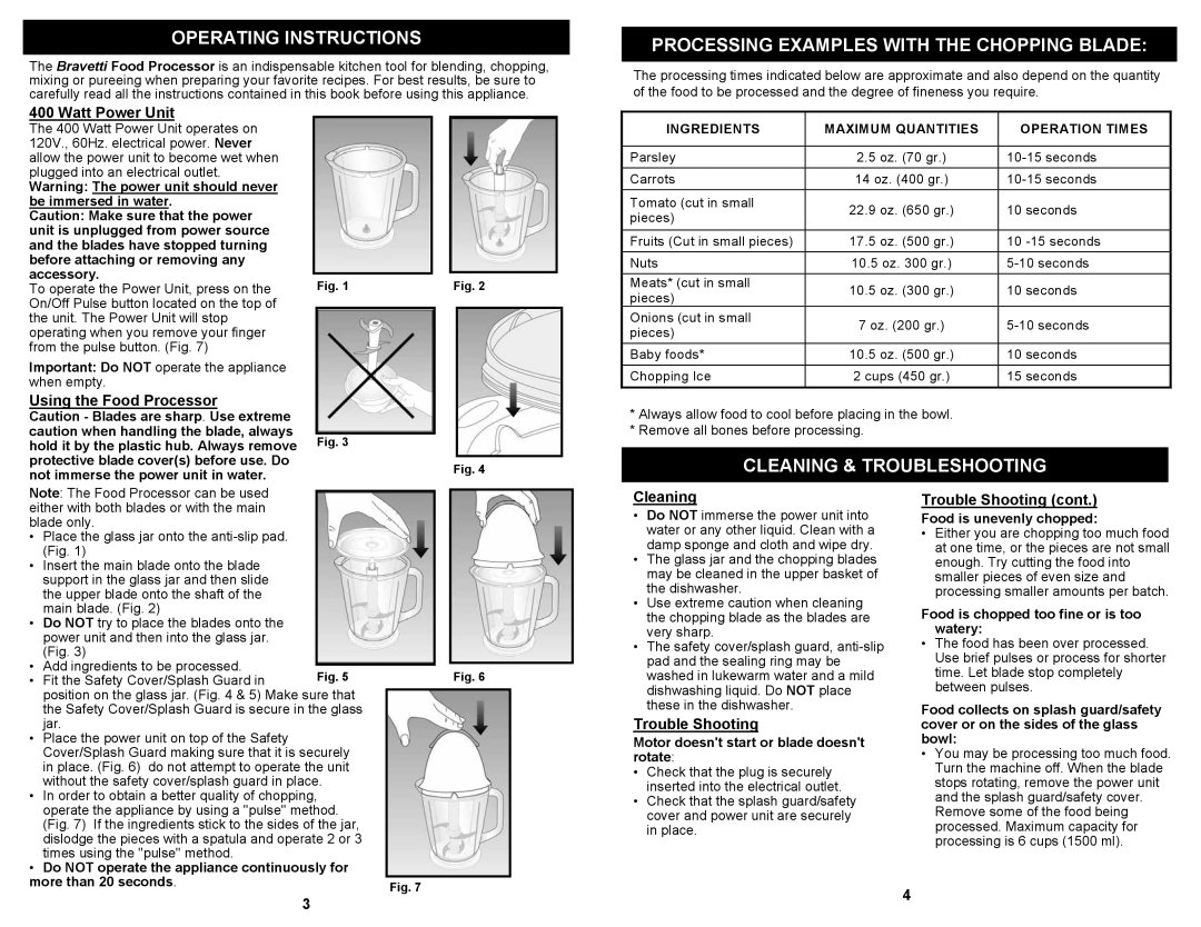 Bravetti FP105H Operating Instructions, Processing Examples with the Chopping Blade, Cleaning & Troubleshooting 