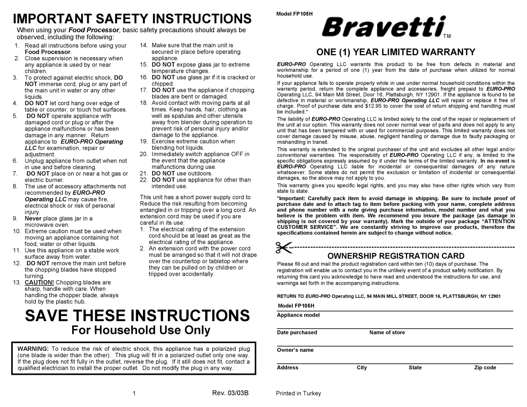 Bravetti FP105H owner manual Important Safety Instructions, ONE 1 YEAR LIMITED WARRANTY, Save These Instructions 