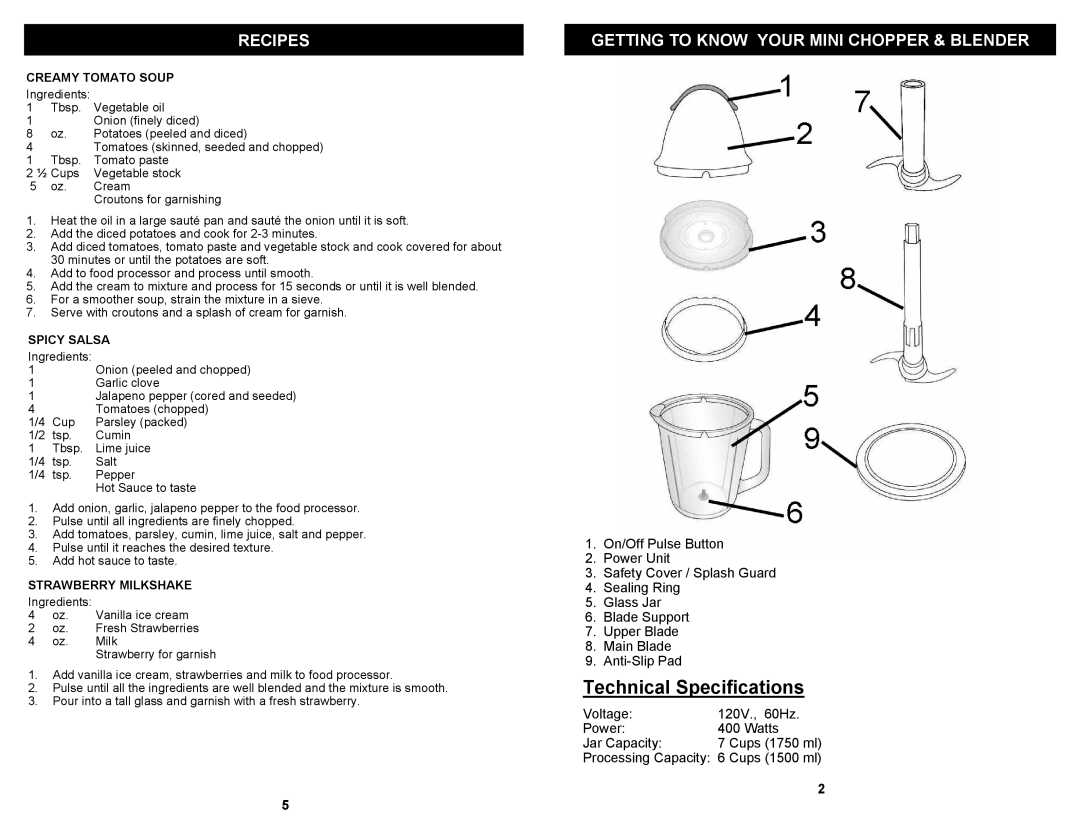 Bravetti FP105H owner manual Technical Specifications, Recipes, Getting To Know Your Mini Chopper & Blender 