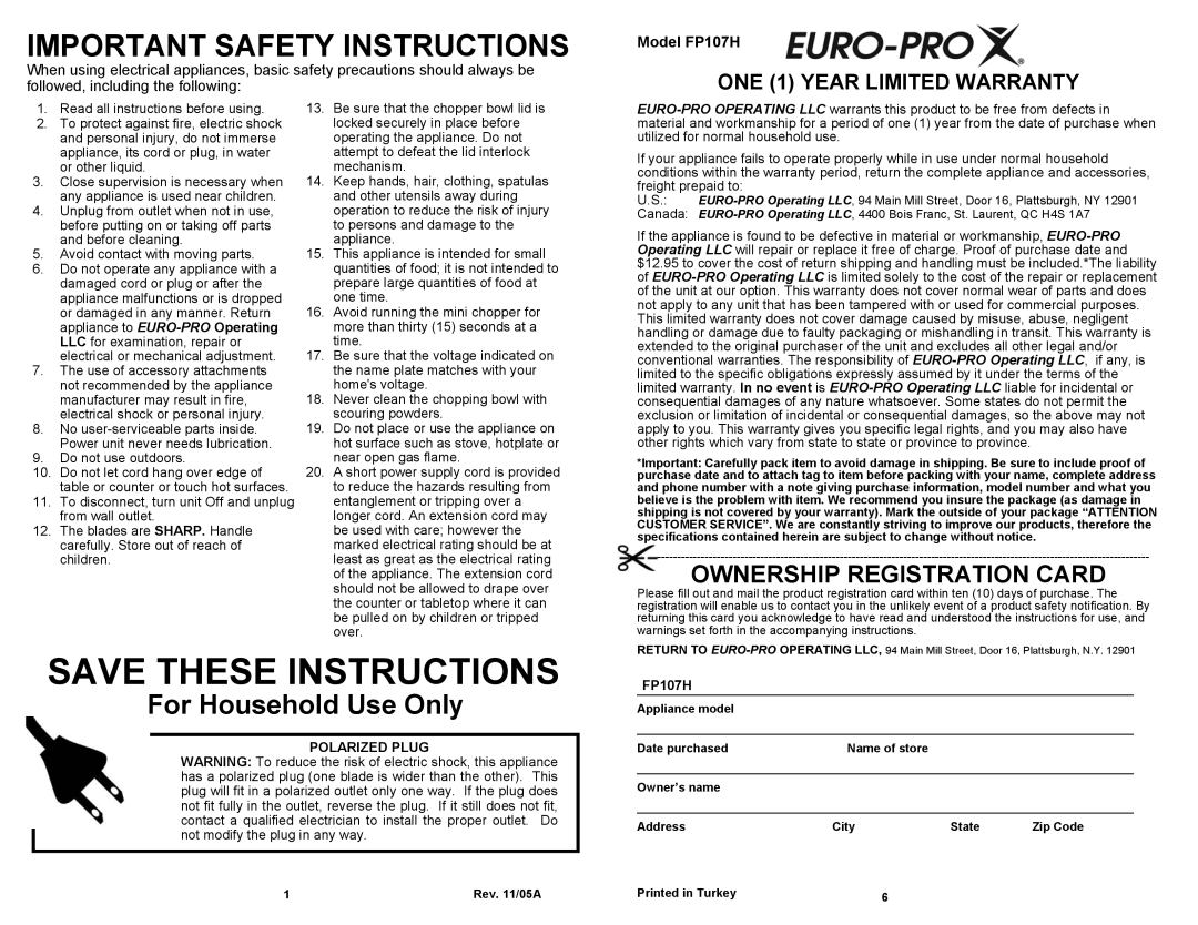Bravetti owner manual Important Safety Instructions, ONE 1 YEAR LIMITED WARRANTY, Model FP107H, Save These Instructions 