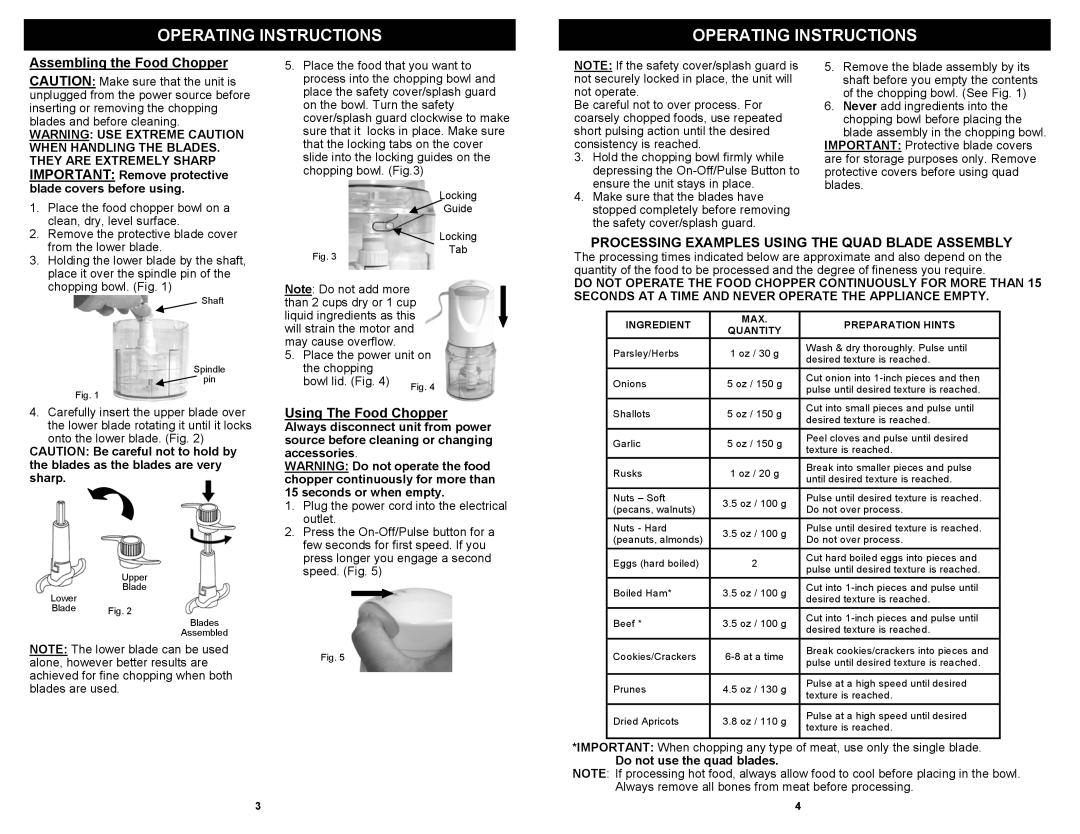 Bravetti FP107H owner manual Operating Instructions, Assembling the Food Chopper, Using The Food Chopper 