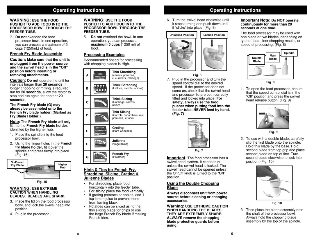 Bravetti FP110H owner manual French Fry Blade Assembly, Processing Examples, Using the Double Chopping Blade 