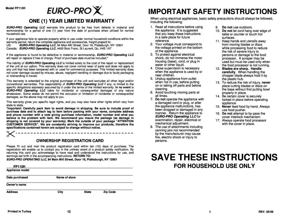 Bravetti FP110H owner manual Save These Instructions, Important Safety Instructions, For Household Use Only 