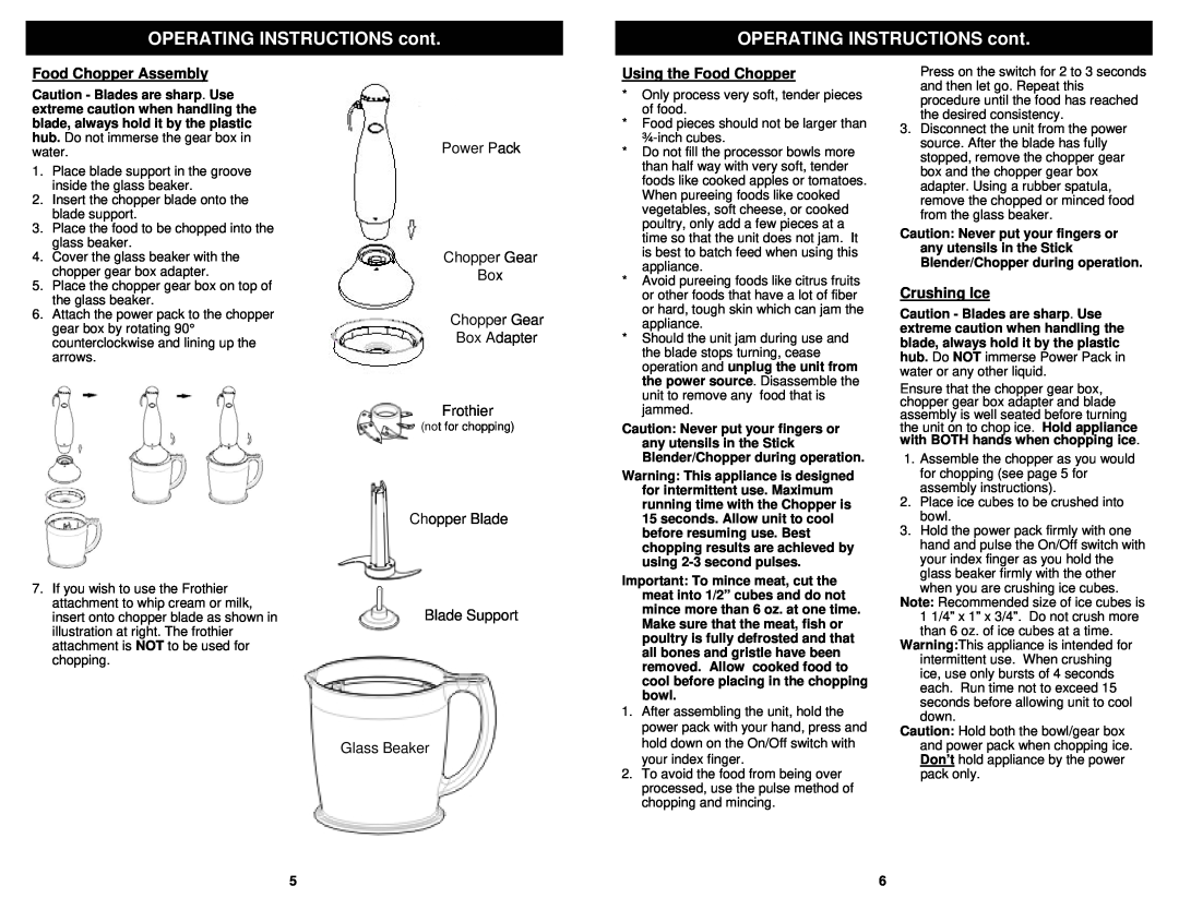Bravetti FP200 owner manual Food Chopper Assembly, Using the Food Chopper, Crushing Ice, OPERATING INSTRUCTIONS cont 
