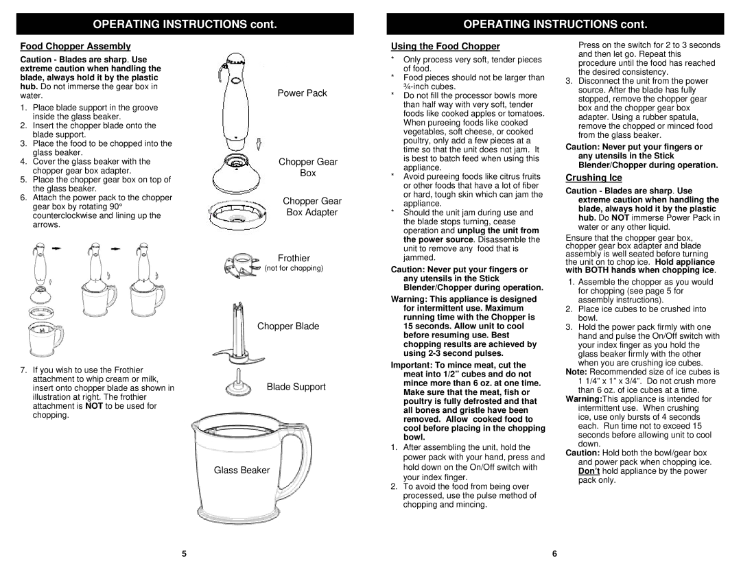 Bravetti FP200C owner manual Food Chopper Assembly, Using the Food Chopper, Crushing Ice 