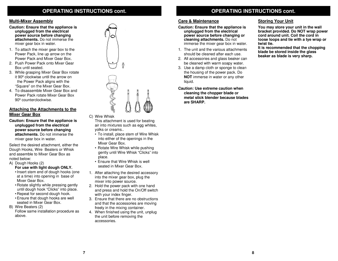 Bravetti FP200C owner manual Multi-Mixer Assembly, Attaching the Attachments to the Mixer Gear Box, Care & Maintenance 