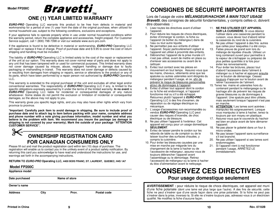 Bravetti owner manual ONE 1 Year Limited Warranty, Ownership Registration Card For Canadian Consumers only, Model FP200C 