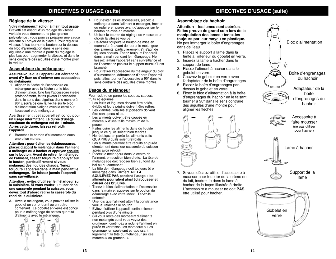 Bravetti FP200C owner manual Réglage de la vitesse, Assemblage du mélangeur, Usage du mélangeur, Assemblage du hachoir 