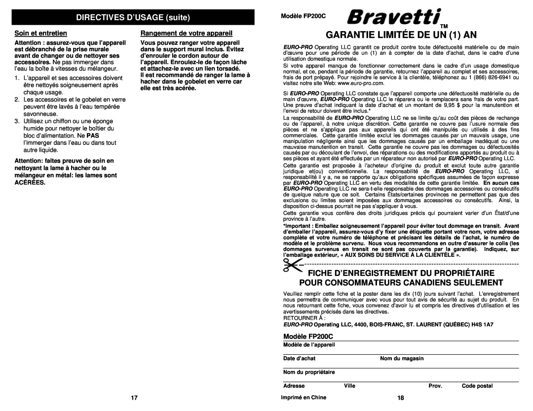 Bravetti FP200C GARANTIE LIMITÉE DE UN 1 AN, Soin et entretien, Rangement de votre appareil, DIRECTIVES D’USAGE suite 