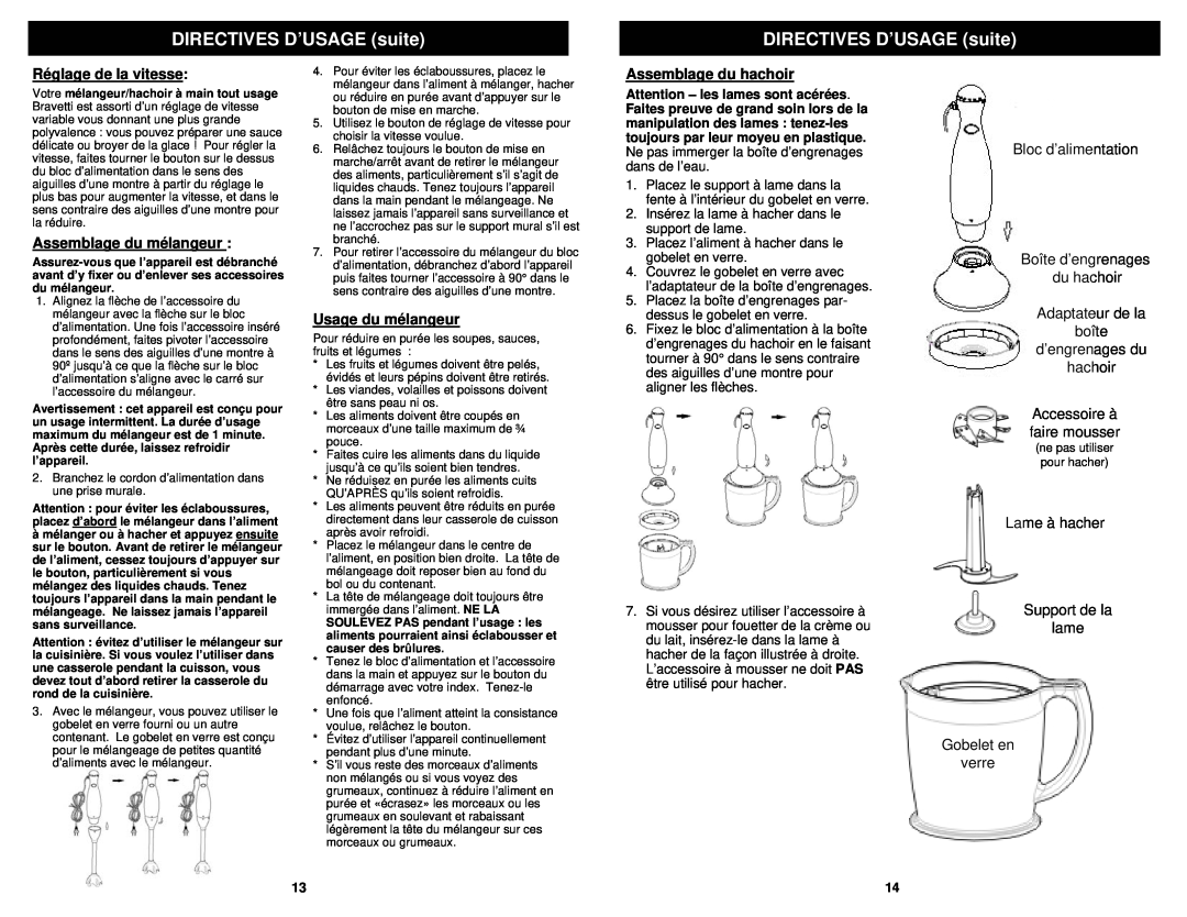 Bravetti FP200C owner manual DIRECTIVES D’USAGE suite, Réglage de la vitesse, Assemblage du mélangeur, Usage du mélangeur 