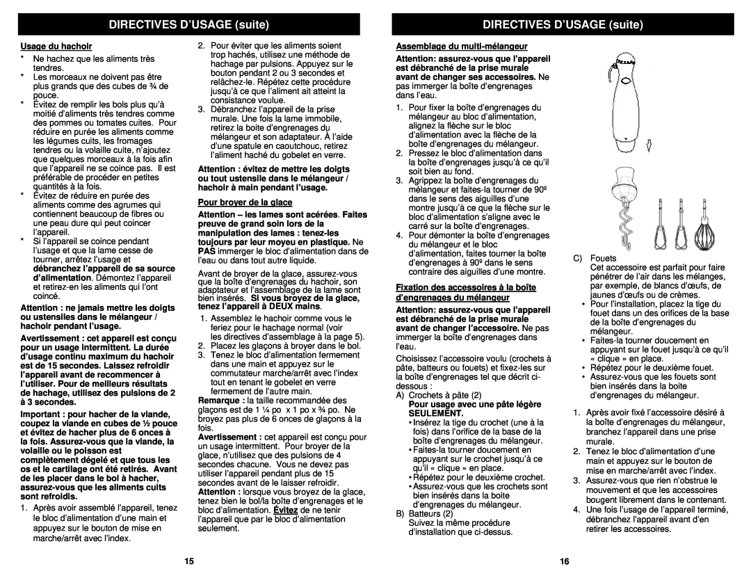 Bravetti FP200C owner manual DIRECTIVES D’USAGE suite, Usage du hachoir 