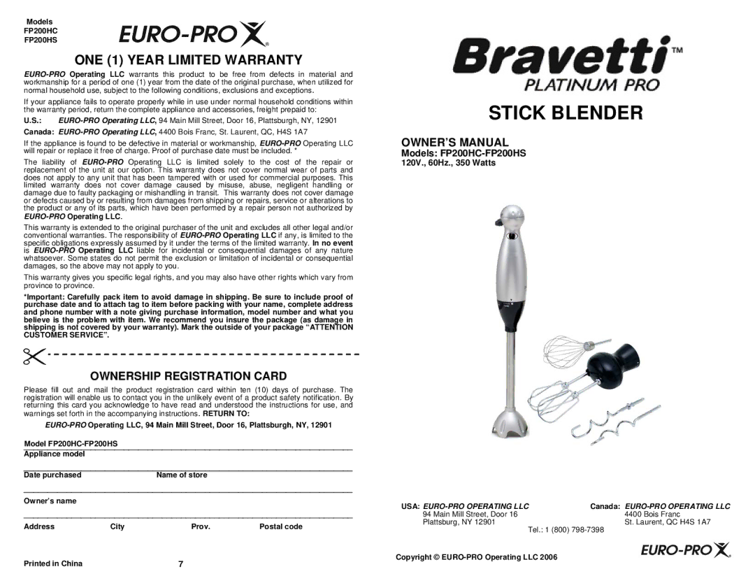 Bravetti owner manual ONE 1 Year Limited Warranty, Models FP200HC-FP200HS 