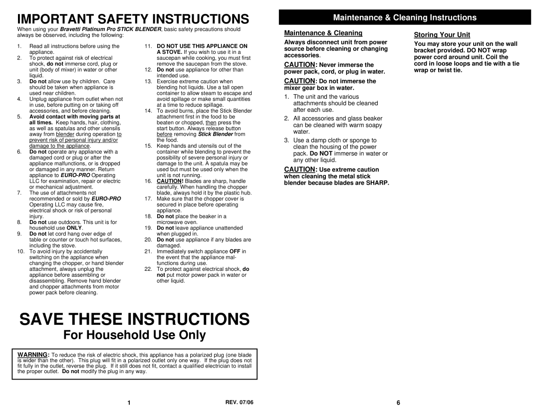 Bravetti FP200HS, FP200HC owner manual Maintenance & Cleaning Instructions, Maintenance & Cleaning Storing Your Unit 