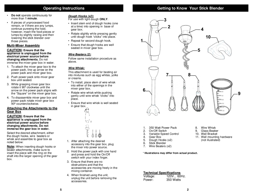 Bravetti FP200HC Operating Instructions Getting to Know Your Stick Blender, Multi-Mixer Assembly, Technical Specifications 