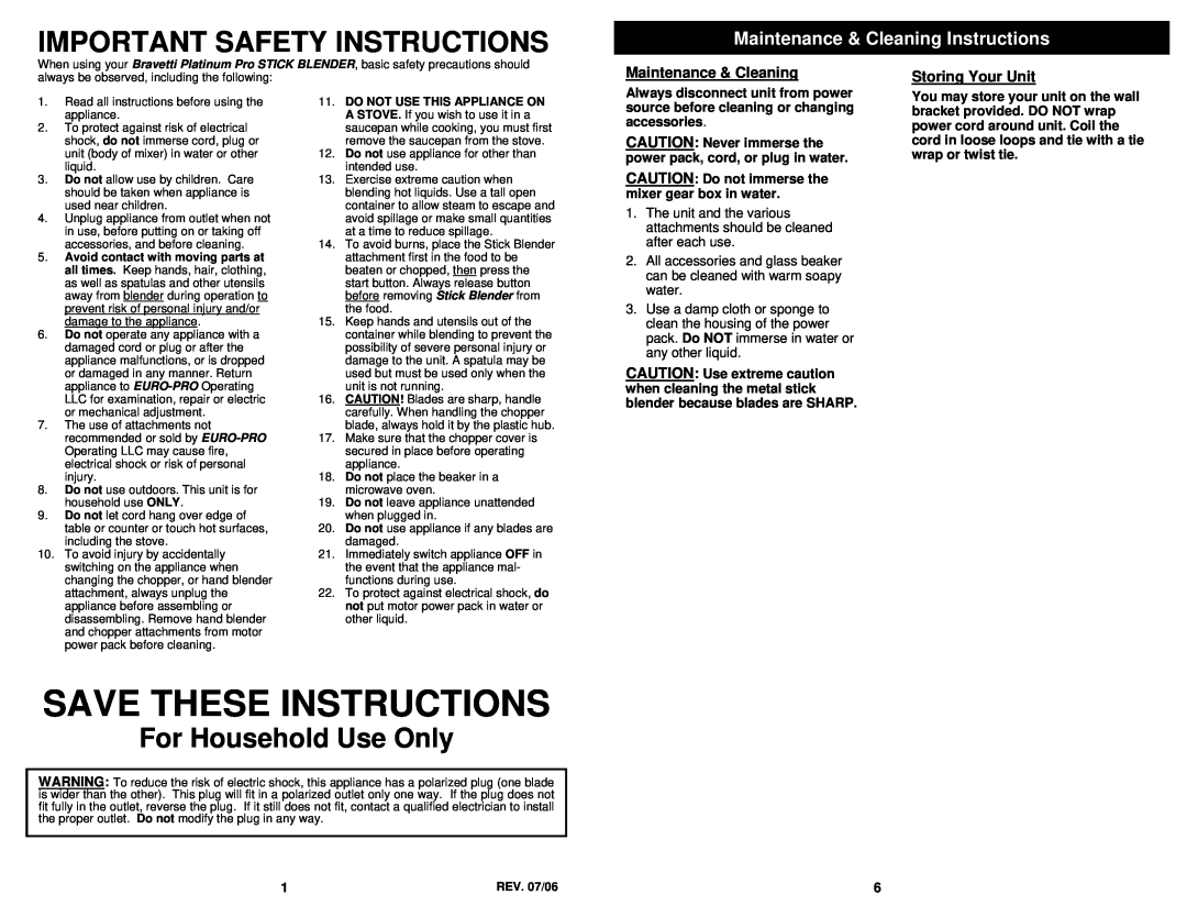 Bravetti FP200HS Maintenance & Cleaning Instructions, Storing Your Unit, Save These Instructions, For Household Use Only 