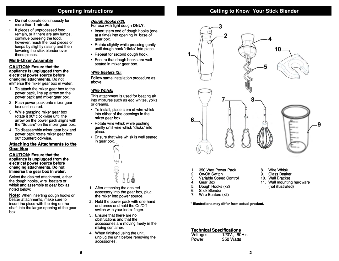 Bravetti FP200HC Operating Instructions, Getting to Know Your Stick Blender, Multi-MixerAssembly, Technical Specifications 