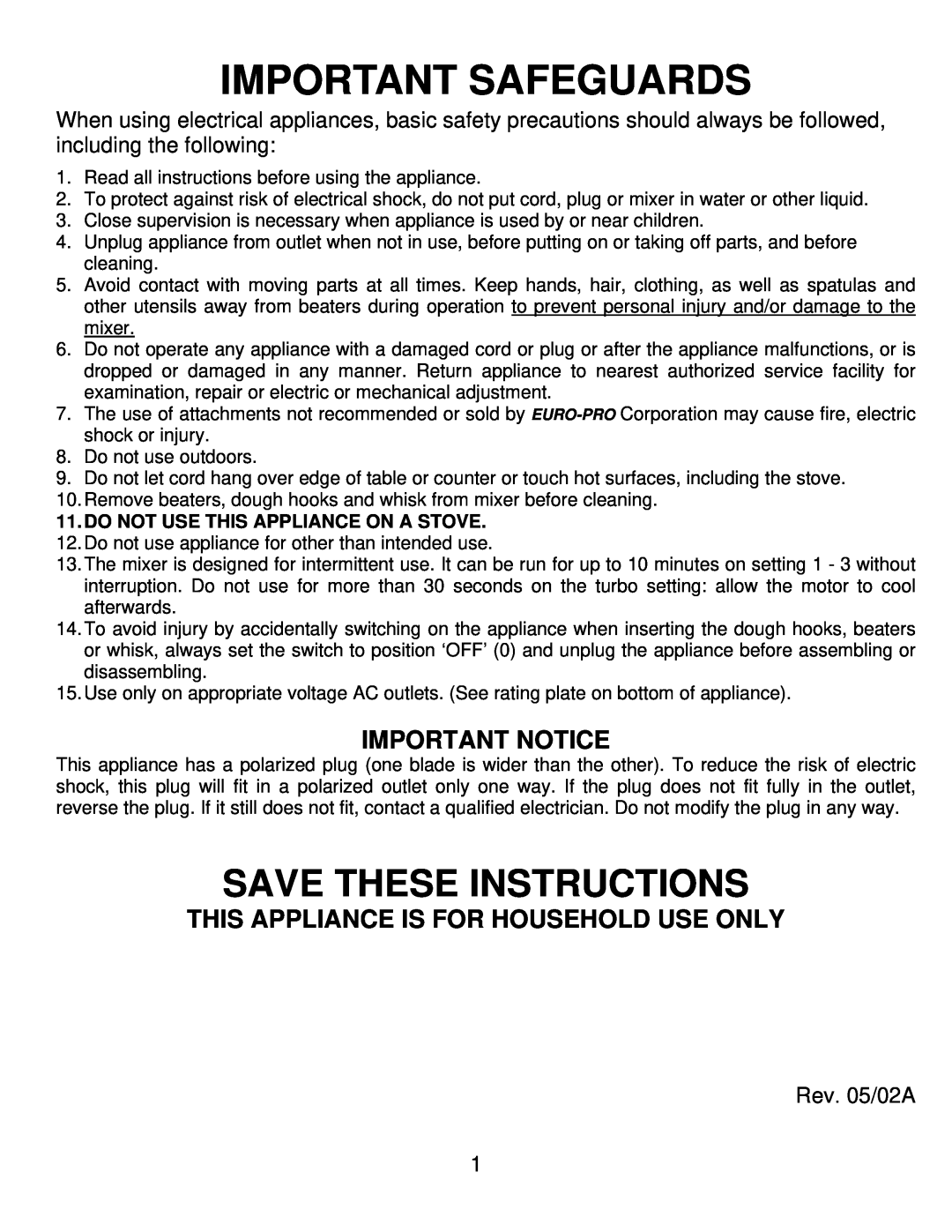 Bravetti FP201 Important Safeguards, Save These Instructions, Important Notice, This Appliance Is For Household Use Only 