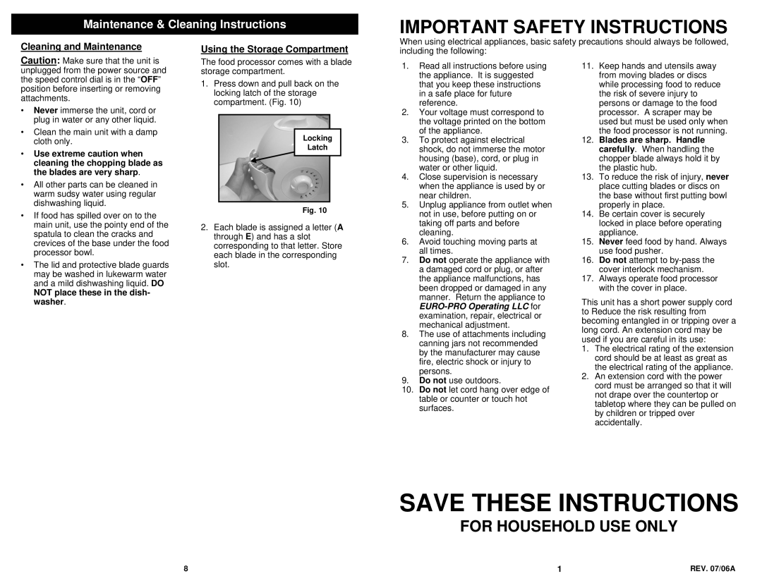 Bravetti FP86H For Household USE only, Maintenance & Cleaning Instructions, Not place these in the dish- washer 