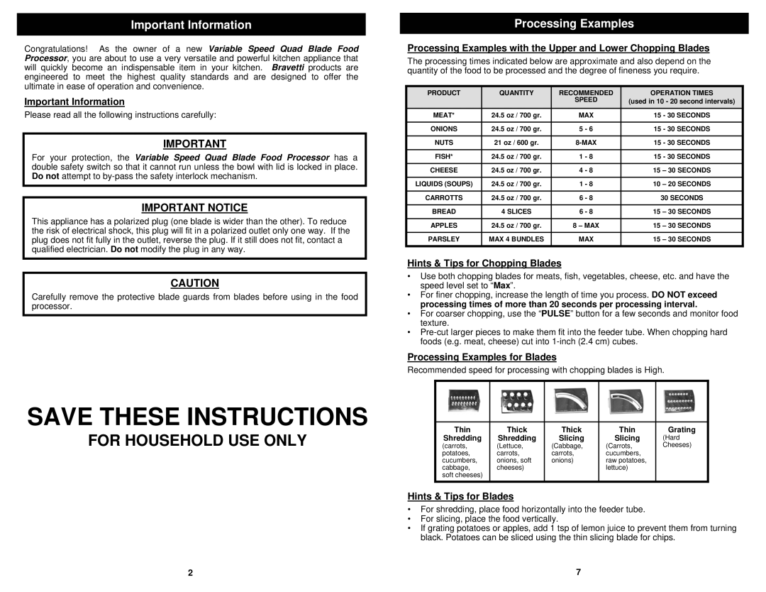 Bravetti FP86H owner manual Important Information, Processing Examples 