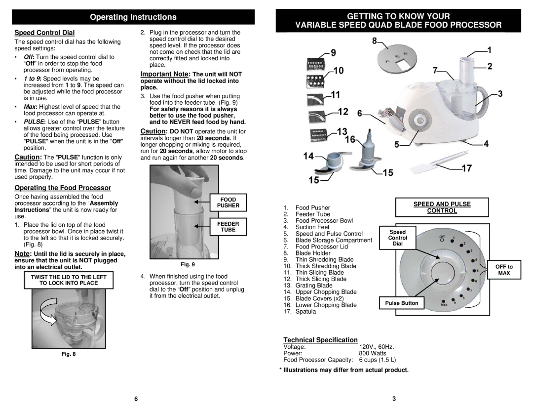 Bravetti FP86H Operating Instructions, Speed Control Dial, Operating the Food Processor, Technical Specification 