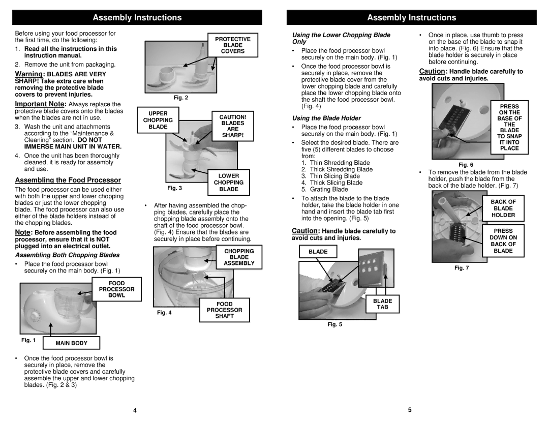 Bravetti FP86H owner manual Assembly Instructions, Assembling the Food Processor 