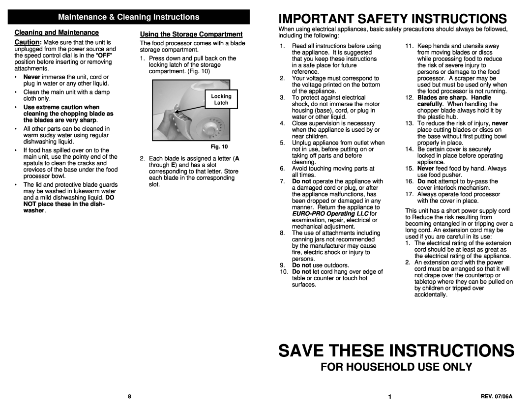 Bravetti FP86H owner manual Save These Instructions, For Household Use Only, Maintenance & Cleaning Instructions 