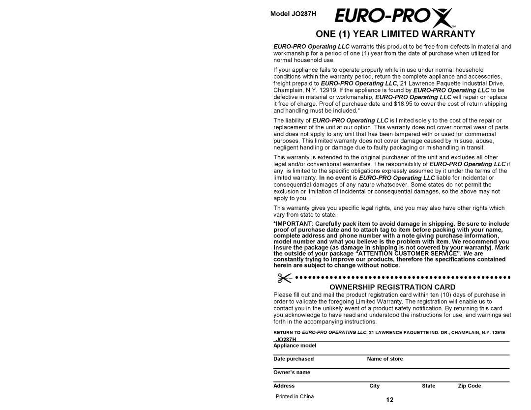 Bravetti owner manual Ownership Registration Card, Model JO287H 