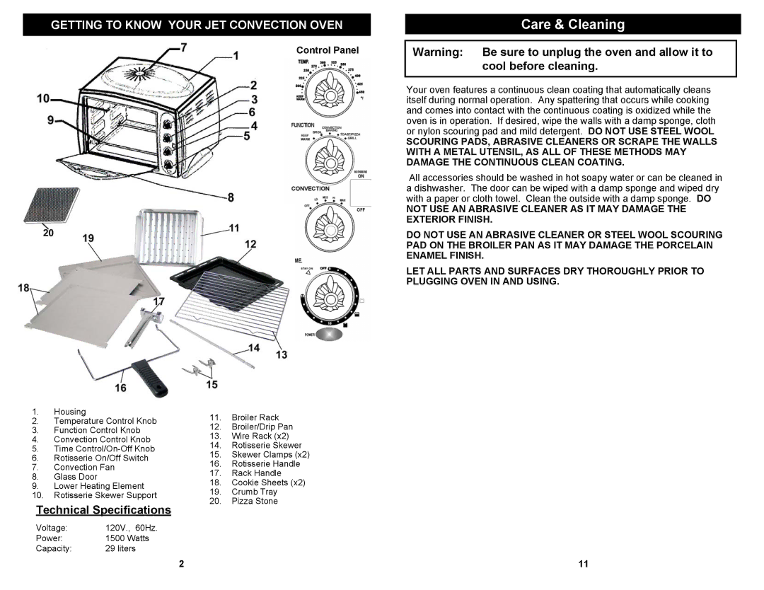 Bravetti JO287H owner manual Care & Cleaning, Control Panel 