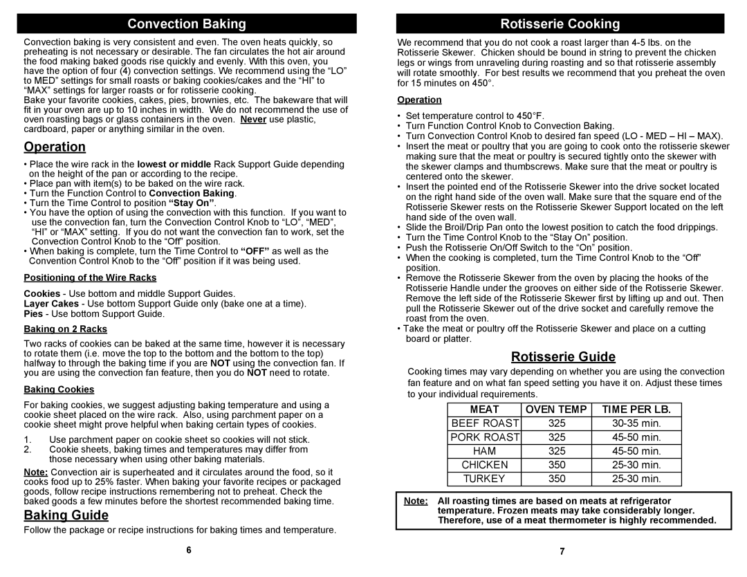 Bravetti JO287H Convection Baking, Baking Guide, Rotisserie Cooking, Rotisserie Guide, Meat Oven Temp Time PER LB 