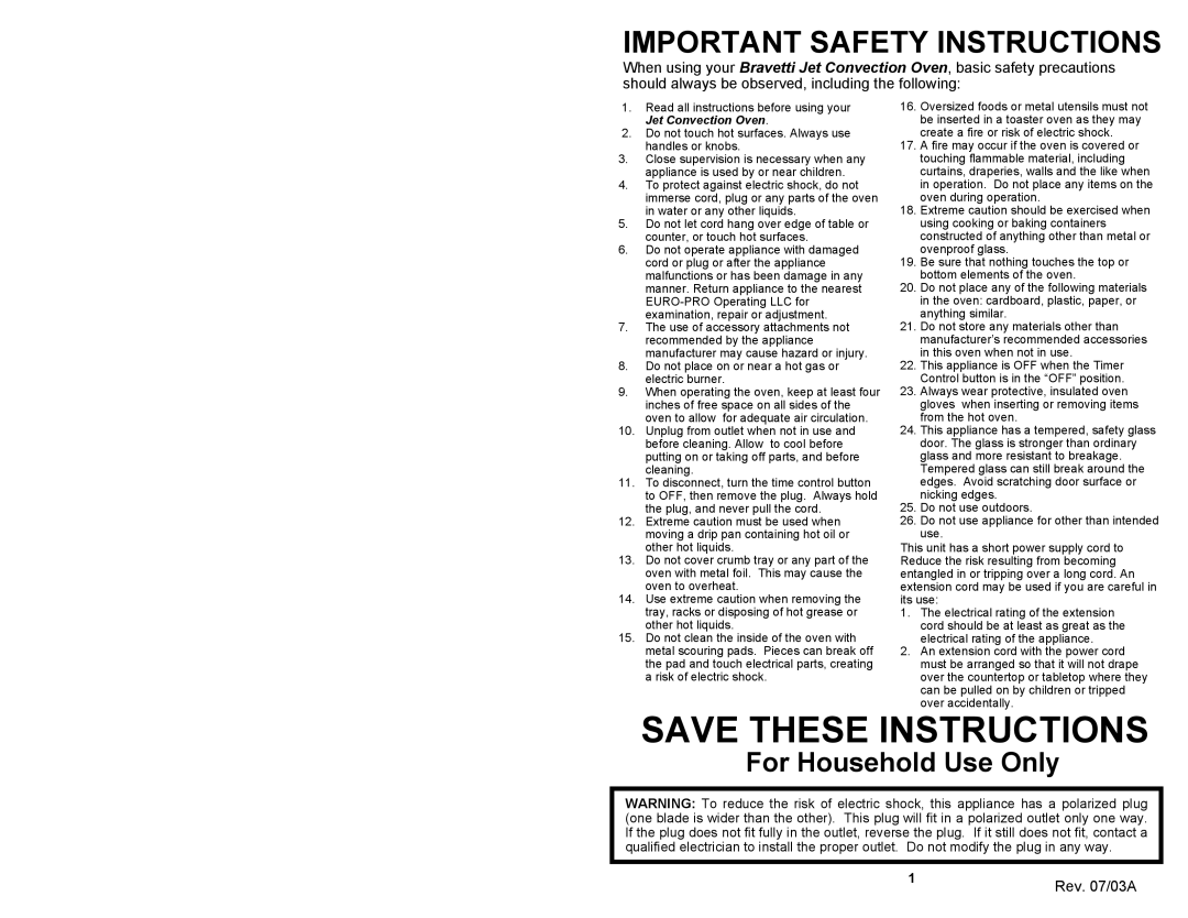 Bravetti JO287H Save These Instructions, Important Safety Instructions, For Household Use Only, Jet Convection Oven 