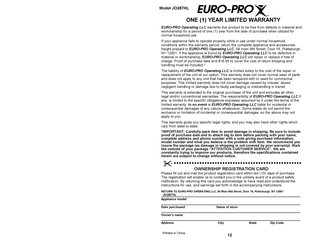 Bravetti owner manual Ownership Registration Card, Model JO287HL 