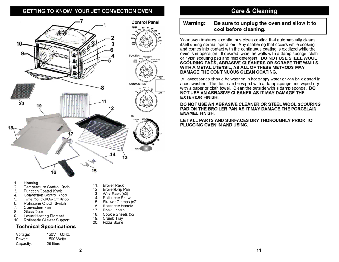 Bravetti JO287HL owner manual Care & Cleaning, Control Panel 