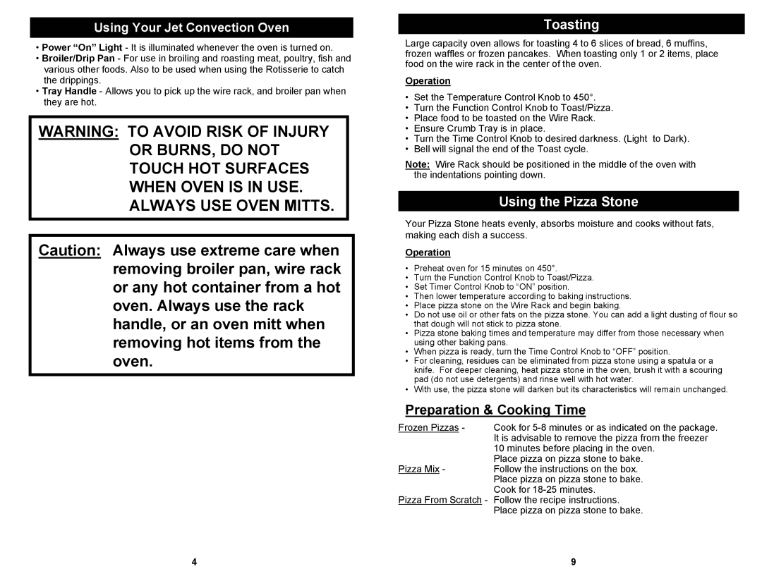 Bravetti JO287HL owner manual Toasting, Using the Pizza Stone, Preparation & Cooking Time, Operation 