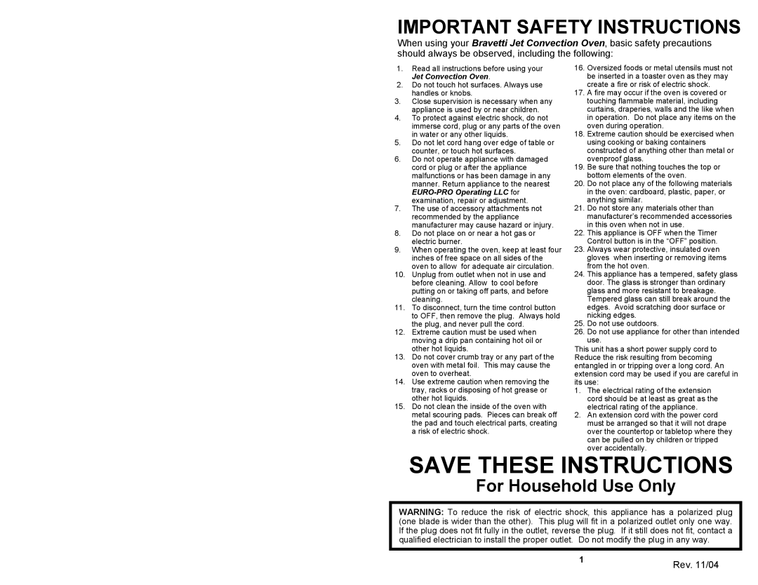 Bravetti JO287HL Save These Instructions, Important Safety Instructions, For Household Use Only, Jet Convection Oven 