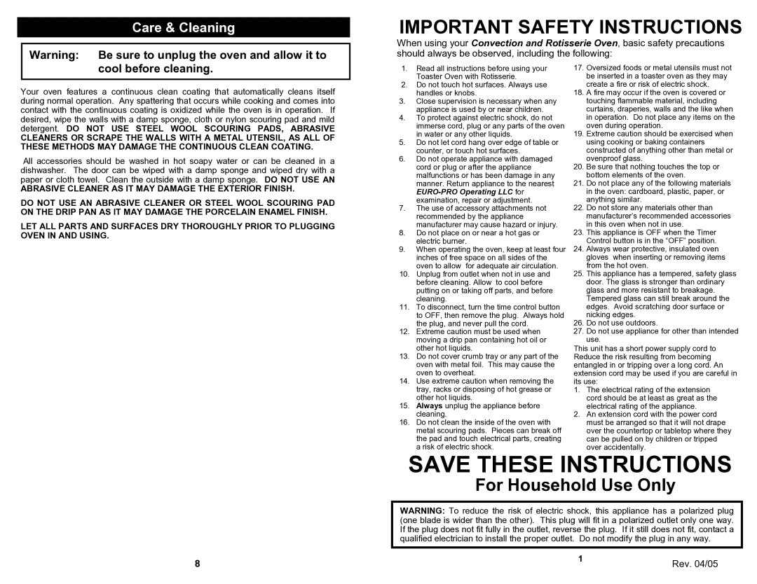 Bravetti K4245H owner manual Care & Cleaning, Rev /05 