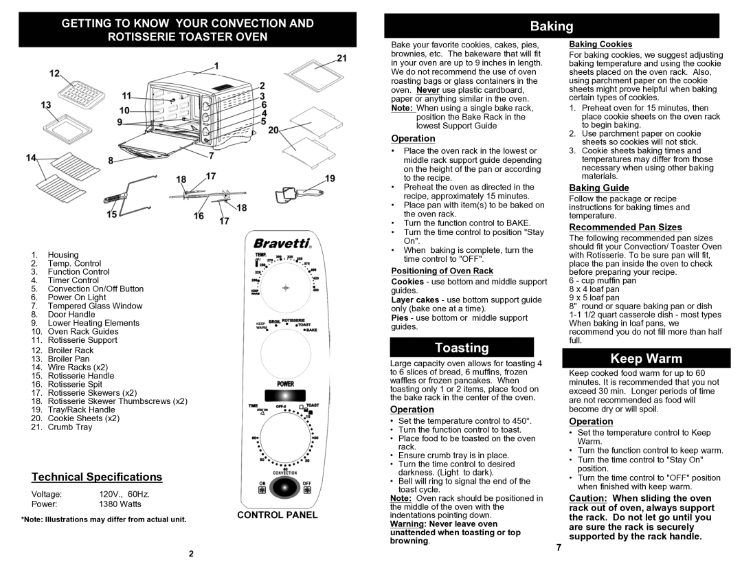 Bravetti K4245H owner manual Baking, Toasting, Keep Warm 