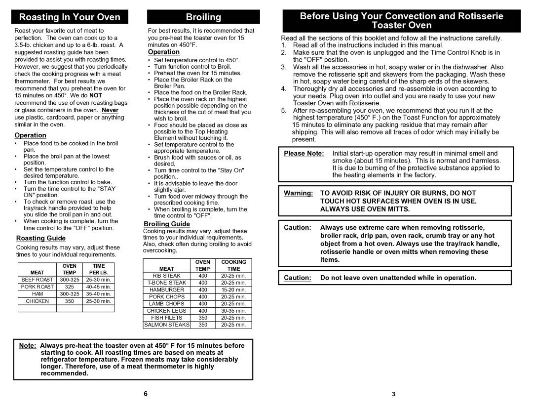 Bravetti K4245H Roasting In Your Oven, Broiling, Before Using Your Convection and Rotisserie Toaster Oven, Roasting Guide 