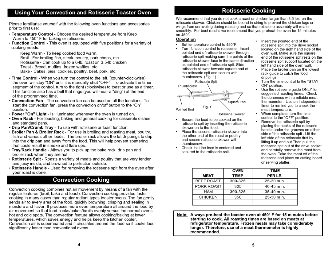 Bravetti K4245H owner manual Rotisserie Cooking, Convection Cooking 