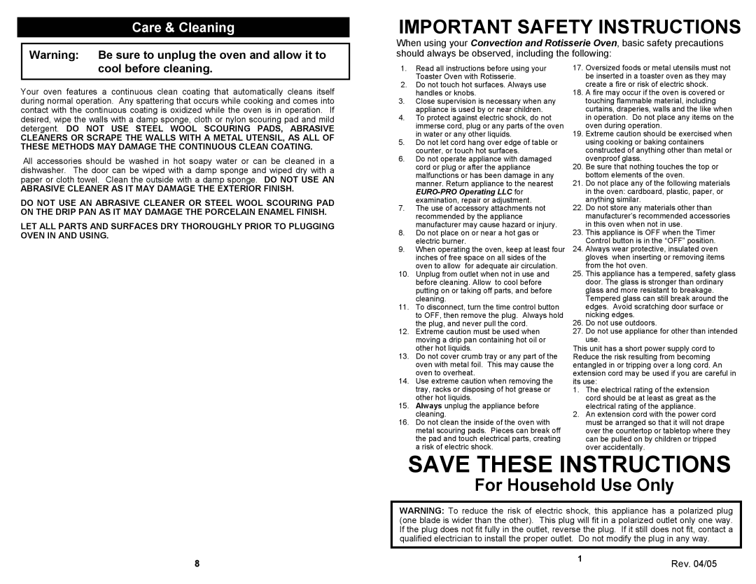 Bravetti K4245H owner manual Save These Instructions, Care & Cleaning, Rev. 04/05, Important Safety Instructions 