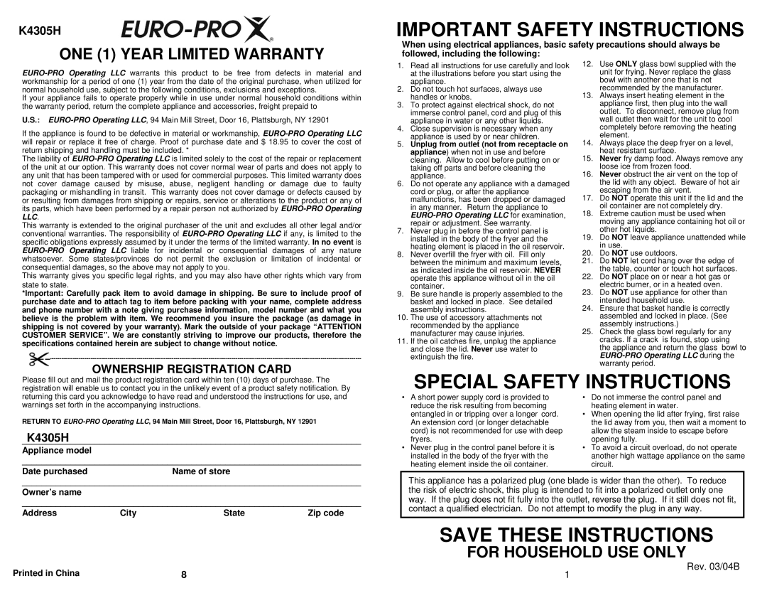 Bravetti K4305H owner manual Important Safety Instructions 