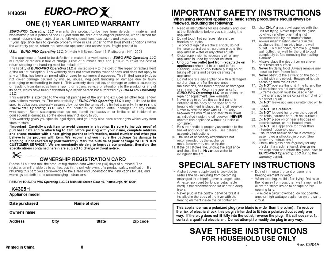 Bravetti K4305H owner manual Important Safety Instructions 