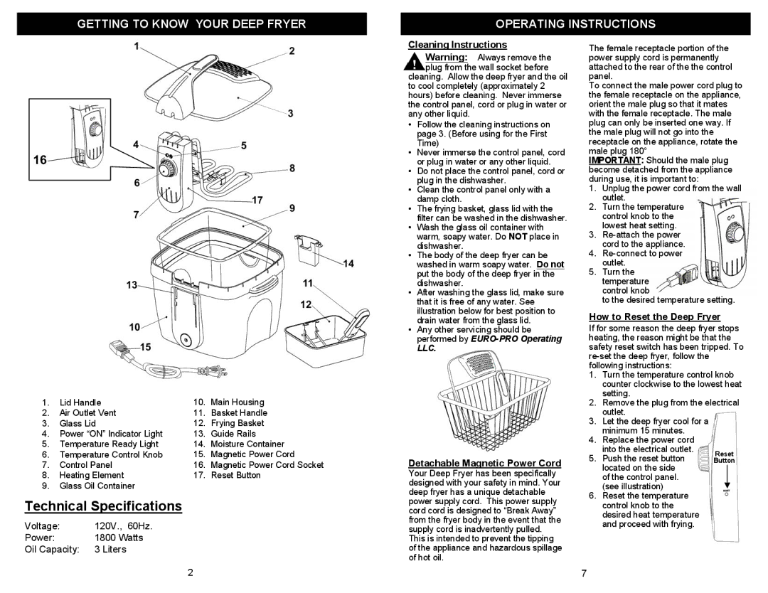 Bravetti K4305H owner manual Technical Specifications, Cleaning Instructions, Detachable Magnetic Power Cord 