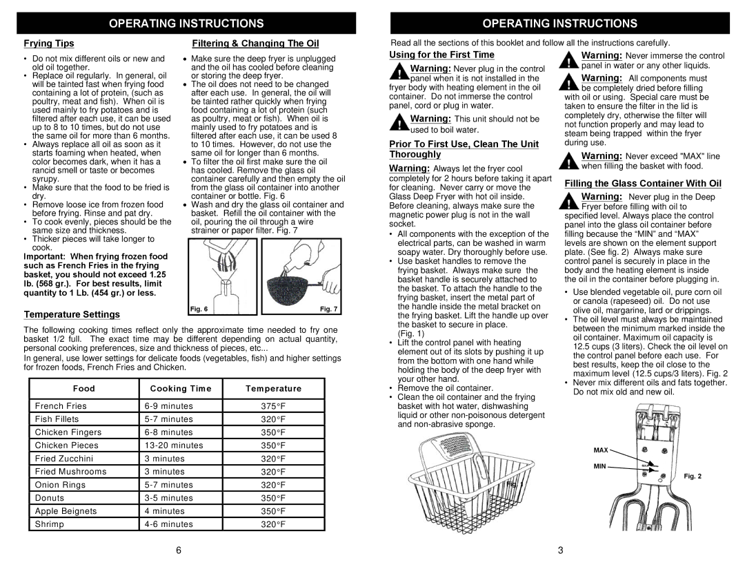 Bravetti K4305H owner manual Frying Tips Filtering & Changing The Oil, Temperature Settings, Using for the First Time 