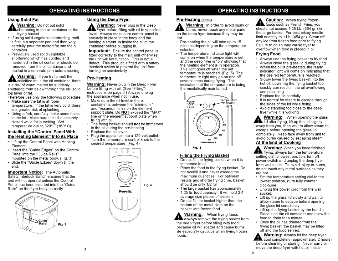 Bravetti K4305H owner manual Using Solid Fat, Using the Deep Fryer, Pre-Heating, Filling the Frying Basket, Frying Food 